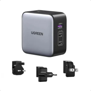 UGREEN 65W USB C Travel Adapter, Foladable Fast GaN Charger with US/UK/EU 3 Plugs, 3-Port
